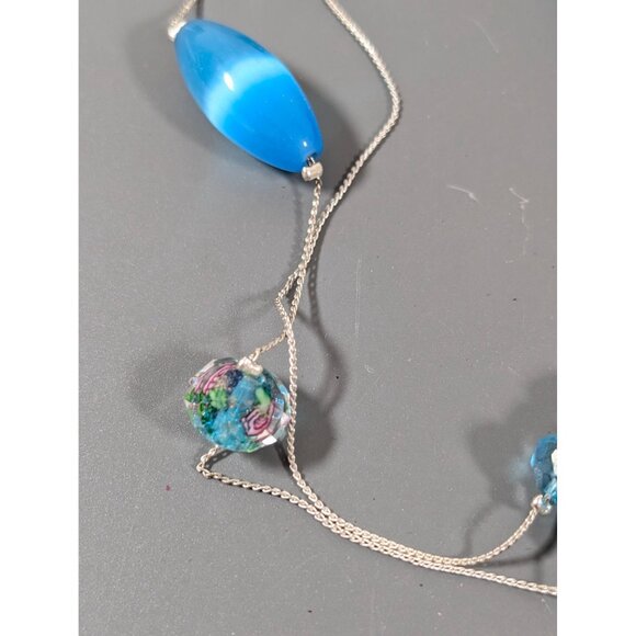 Croft & Barrow Blue Glass Cats Eye Pink Rose Flower Bead Multi Chain Necklace NE - Picture 10 of 11